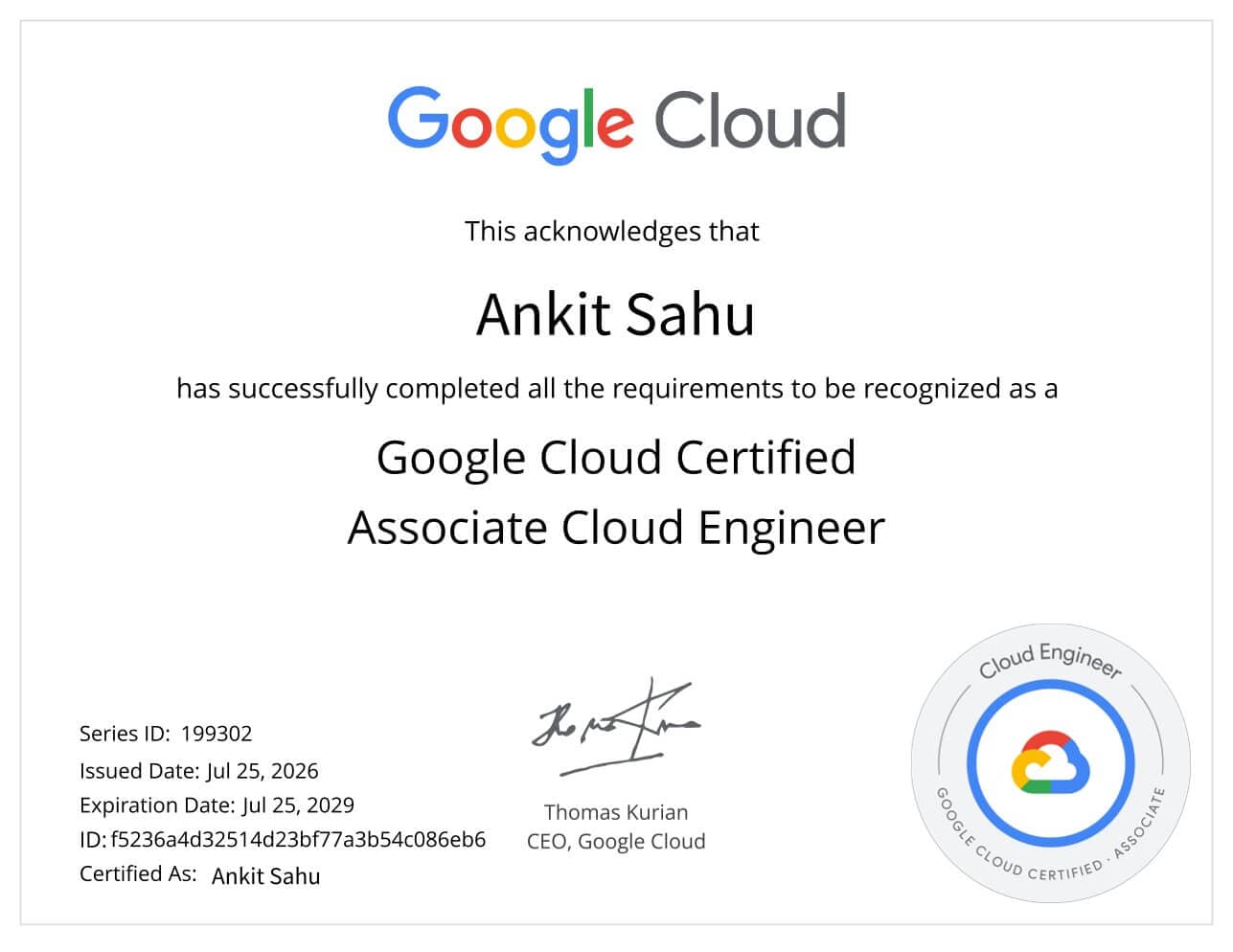Google Cloud Certified Associate Cloud Engineer Certificate - Ankit Sahu